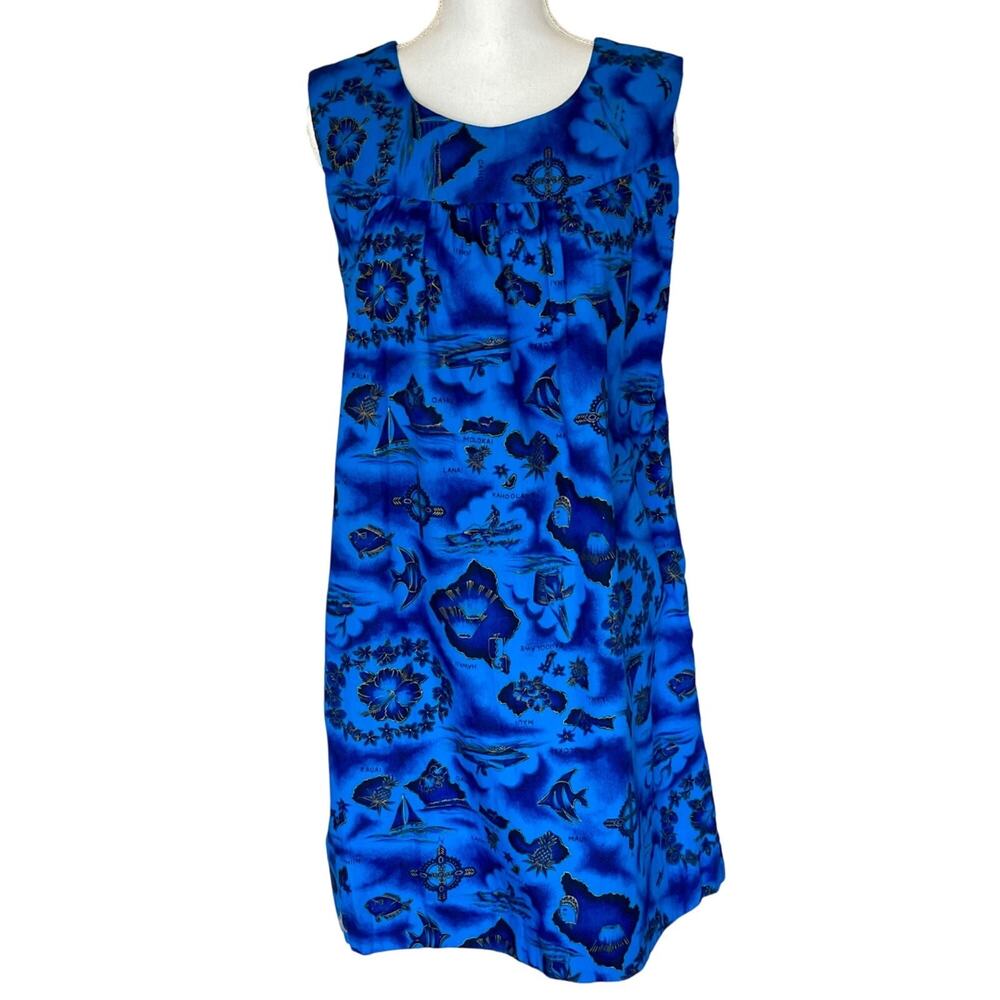 Vintage Made in Hawaii Handmade Shift Dress Blue and Gold Sz S/M Beach Vacation